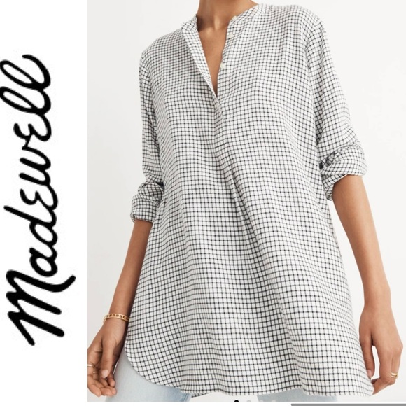 Madewell‎ Women’s Sz M Bright Ivory Wellspring Tunic Popover Shirt in Windowpane - Picture 1 of 16